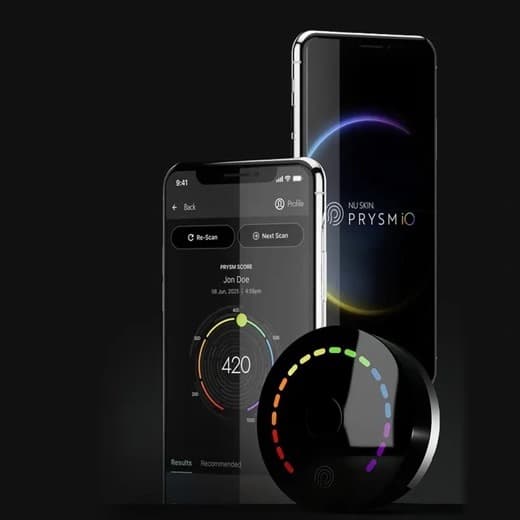 Prysm iO device alongside the app showing a personal wellness score